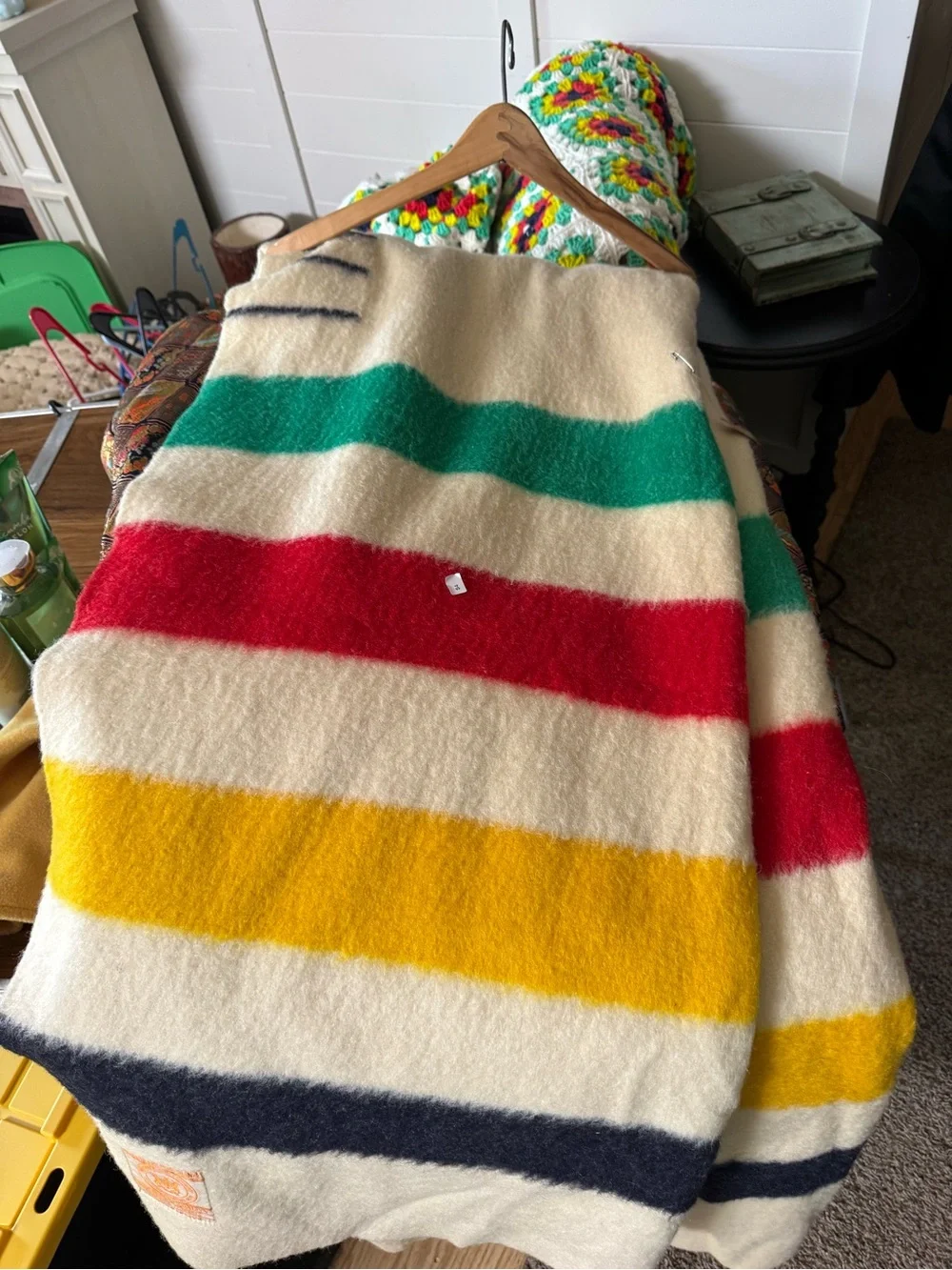 Vintage Retro Hudson Bay Cream Striped Wool Blanket Red, Green,Yellow & Navy